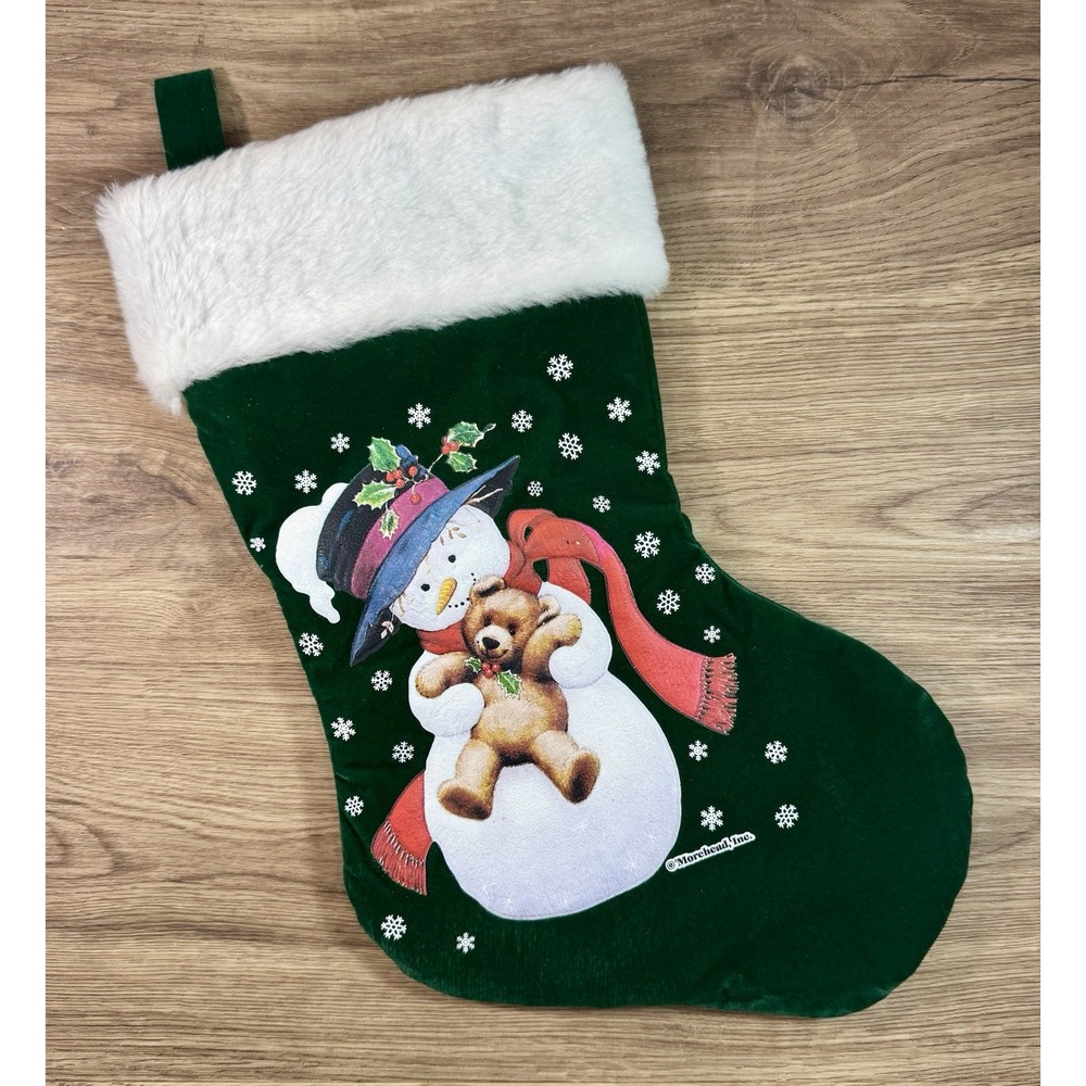 Vintage Christmas Stocking Green Velvet Faux Fur Morehead 1980s Snowman Teddy